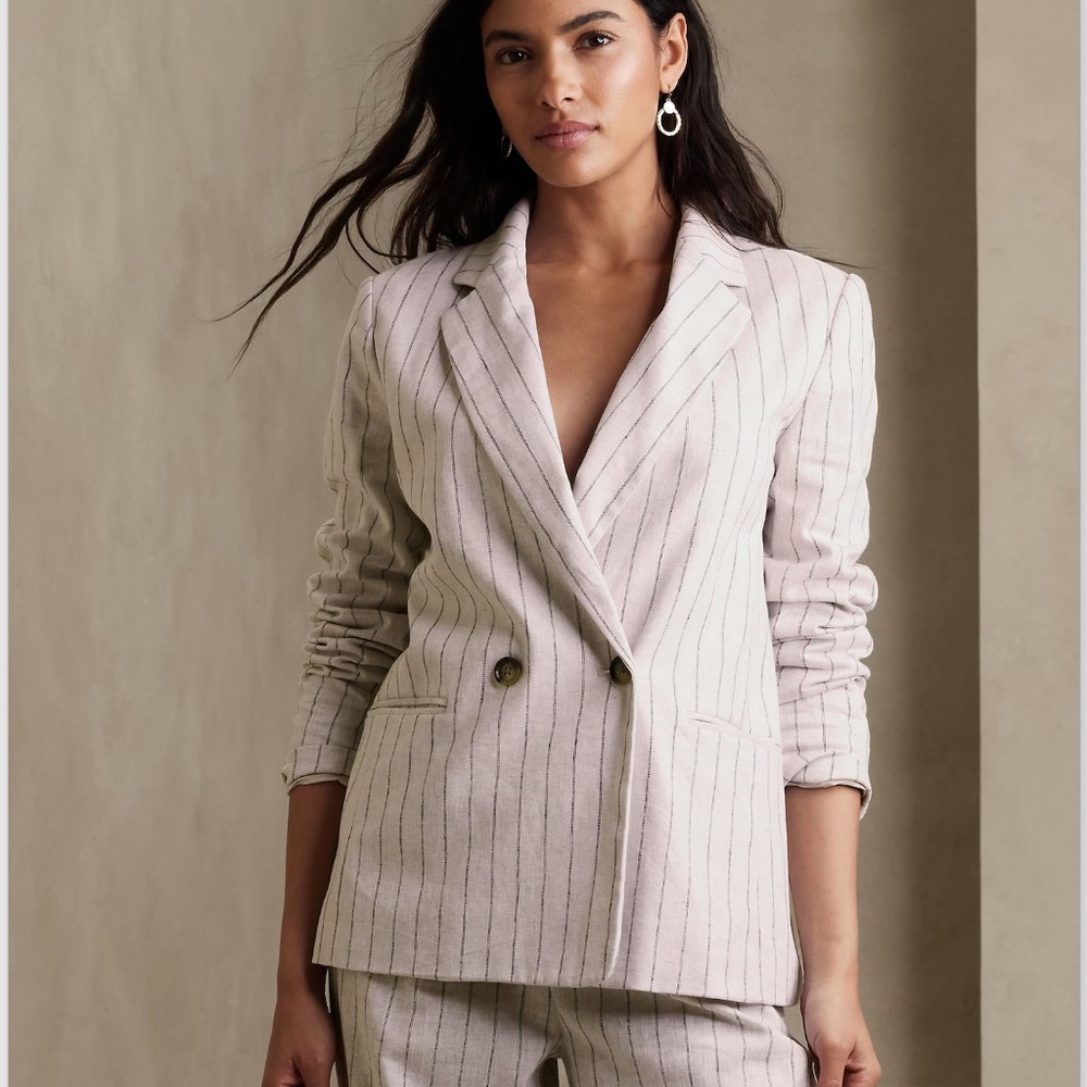 Banana Republic Linen & Cotton Blend Double Breasted Pinstripe Blazer
